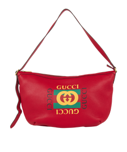 Logo Print Half Moon Shoulder Bag, Leather, Red, 525040, DB, 3*